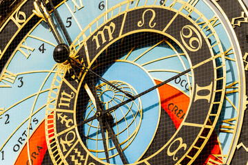 Details of the dial of the famous ancient astronomical clock at the city hall of Prague.