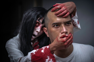 Portrait of asian woman make up ghost,Scary horror scene for background,Halloween festival...