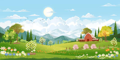 Panorama landscape of spring village with green meadow on hills and blue sky, Vector Summer or Spring landscape, Panoramic countryside of green field with farmhouse, barn and grass flowers - obrazy, fototapety, plakaty