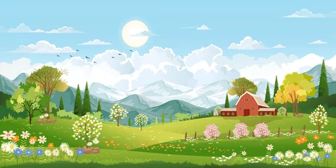 Fotobehang Panoramalandschap van lentedorp met groene weide op heuvels en blauwe lucht, Vector Zomer- of Lentelandschap, Panoramisch landschap van groen veld met boerderij, schuur en grasbloemen © Anchalee