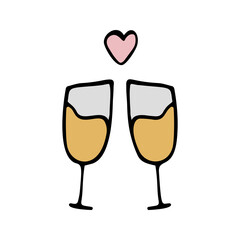 Couple hand drawn glasses of champagne for New Year, Xmas, or Valentine's day, marriage proposal