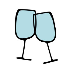 Couple hand drawn glasses of champagne for New Year, Xmas, or Valentine's day, marriage proposal