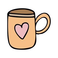 Color doodle vector cup with heart for valentine's day cards.