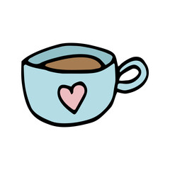 Color doodle vector cup with heart for valentine's day cards.