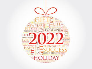 Happy New Year 2022, Christmas ball word cloud, holidays lettering collage