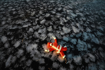 Santa Claus hurries to meet the New Year with gifts and Christmas tree. Santa Claus on ice skates...
