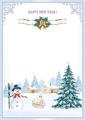 Happy New Year 2022 greeting card with Christmas tree, snowman and ball with golden 2022 numbers on background of winter snowy landscape. 3d vector