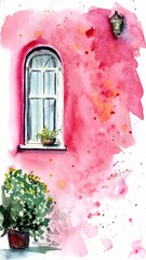 Watercolor illustratiom of a white wooden window on a bright magenta wall with lantern above and a flower pot on the floor