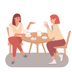 Two young females are sitting at table and talking in cafe. Meeting women in public place, having tea in restaurant,conversation, eating. Flat vector illustration
