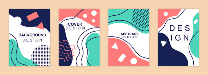 Set of Creative cover design. Modern posters with lines, geometric shapes and abstract colorful spots. Templates with space for text. Cartoon flat vector collection isolated on beige background