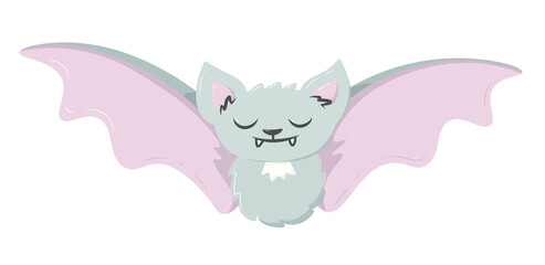 Vector illustration of a cute bat. Gray-pink mouse, flying. Cute wild animal character.