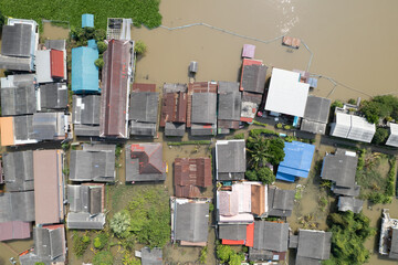 Aerial View of Houses Sunk Under the Water From Severe Flood in Pathum Thani Thailand