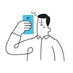 Man looking at phone. Outline, linear, thin line, doodle art. Simple style with editable stroke.