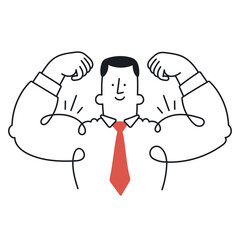 Confident businessman flexing muscles. Concept of strength, superpower, personal development, motivation. Outline, linear, thin line, doodle art. Simple style with editable stroke.