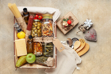 Products food in jars in a gift basket. Top view. Donation concept. Zero waste
