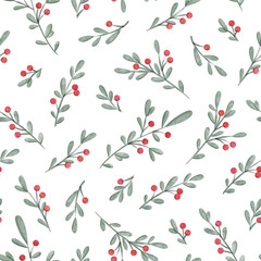 Weihnachtsaquarellmistel verzweigt sich nahtloses Muster, das auf weißer Hintergrundvektorillustration lokalisiert wird.