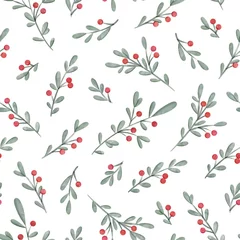 Gardinen Weihnachtsaquarellmistel verzweigt sich nahtloses Muster, das auf weißer Hintergrundvektorillustration lokalisiert wird. © Anastasia