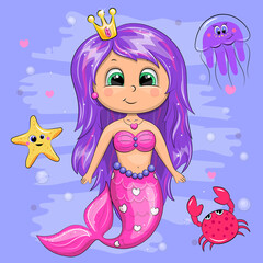 Fototapeta na wymiar Cute cartoon mermaid in pink with crown, jellyfish, crabs and starfish. Vector illustration with blue background.