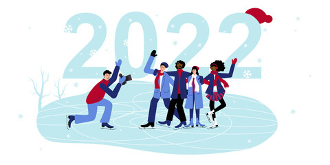 Multinational Group of Friends are Skates on the Ice, takes Photos and Celebrates New 2022 Year. Happy Girls and Boys are Posing.