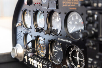 Airplane flight instruments indicators at the cockpit