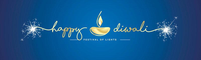 Happy Diwali festival of light gold handwritten calligraphy typography golden diya oil lamp white sparkle firework blue background