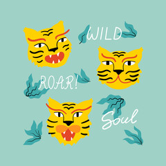 Cute heads of asian tigers and abstract tropical leaves. Vector hand drawn illustration.