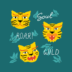 Vector illustration with cute tigers in asian style. Lettering roar, soul, wild. Abstract tropical leaves
