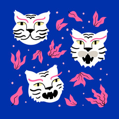 Cute white tigers heads and abstract pink leaves. Vector illustration on blue background