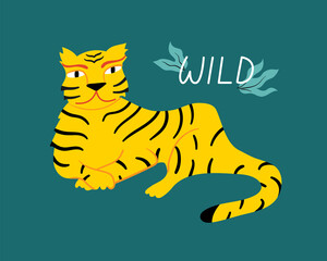 Wild tiger hand drawn illustration. Lettering with abstract leaves.