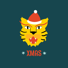 Holiday greeting card with cute tiger in asian style. Christmas and new year vector illustration. Year of the tiger. Chinese new year