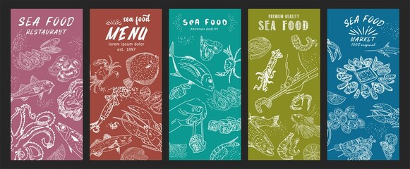 Seafood banners design. Seafood menu for restaurant and cafe. Design template with hand drawn graphic illustrations. Vector.