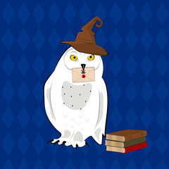 Polar owl in a witch hat with a letter from a wizard school