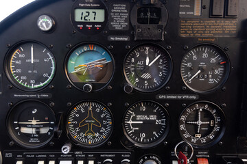Airplane flight instruments indicators at the cockpit