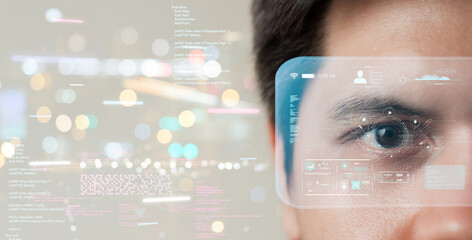 The metaverse universe, Man wearing augmented reality on virtual screen future technology, The real world with the virtual world overlapped, transformed into the virtual world.