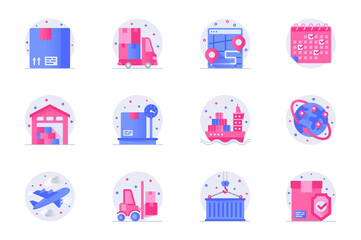 Shipping concept web flat color icons with shadow set. Pack pictograms of parcel, delivery, tracking, warehouse, plane, truck and other. Vector illustration of symbols for website mobile app design