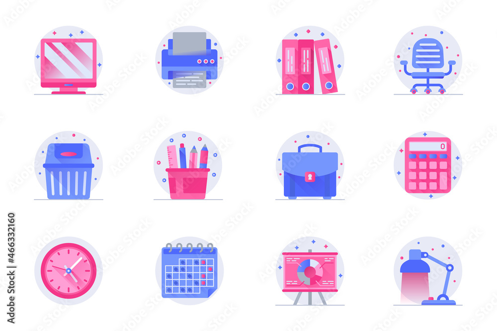 Poster office supplies concept web flat color icons with shadow set. pack pictograms of computer, printer, 