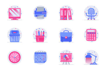 Office supplies concept web flat color icons with shadow set. Pack pictograms of computer, printer, folder, chair, briefcase and other. Vector illustration of symbols for website mobile app design