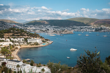 Seascape, View of the bay with yachts and the old town.