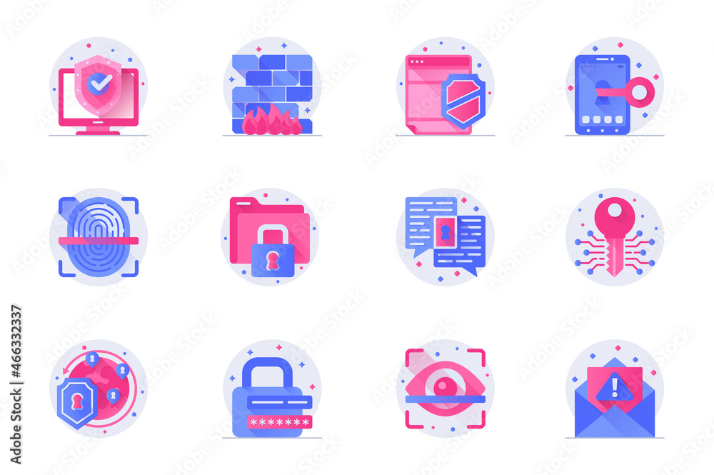 Aufkleber cyber security concept web flat color icons with shadow set. pack pictograms of protection, access, 