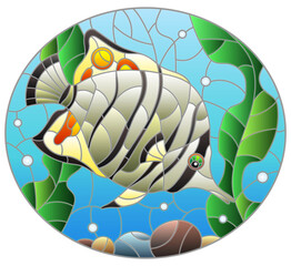 Obraz na płótnie Canvas Illustration in stained glass style with an abstract butterfly fish on a background of algae, air bubbles and water, oval image