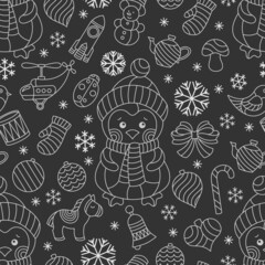 Seamless pattern on the theme of New year and Christmas, light contour  Christmas tree toys, penguins and snowflakes on a dark background