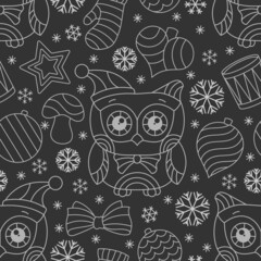 Seamless pattern on the theme of New year and Christmas,light contour Christmas tree toys, owls and snowflakes on a dark background
