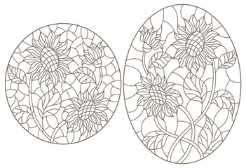 A set of contour illustrations of stained glass Windows with sunflowers in frames, dark contours on a white background, oval images