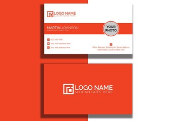 Horizontal white and brick red abstract with photo shapes business card