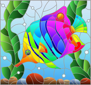 Illustration in stained glass style with an abstract rainbow butterfly fish on a background of algae, air bubbles and water, oval image