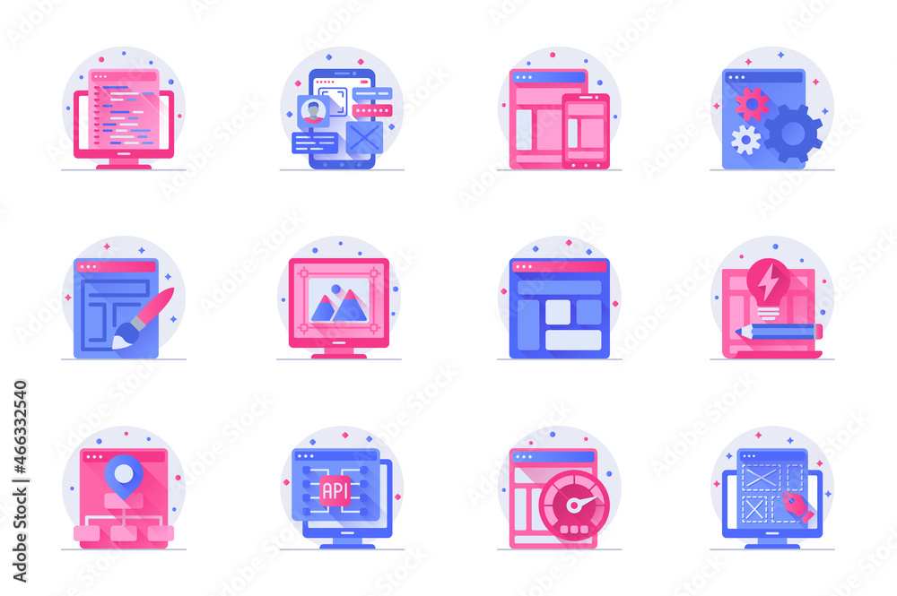 Poster design and development concept web flat color icons with shadow set. pack pictograms of page optimiz