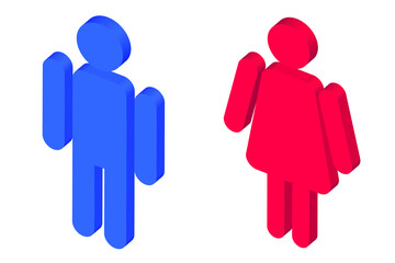 Man and  woman icons isometric 3D rendering in blue and red colors. Isometric restroom icon illustration isolated on white background.