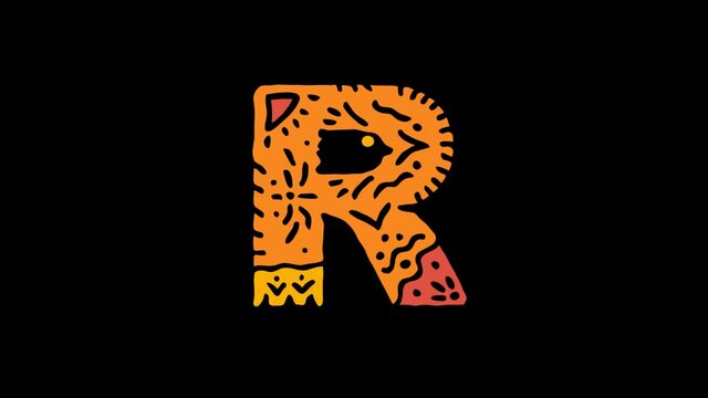 Letter R. 4K, Transparent Alpha channel. Cartoon Animation, Shake twitch effect. Ethnic ornament, national folk pattern in letter. 3 colors. Capital Letter R for ABC education, erudition, game.