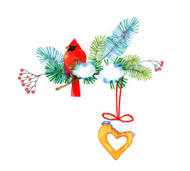 Watercolor Christmas composition  with cardinal, wooden ornaments,  folliage, snowy evergreen branches. Hand painted illustration isolated on white background. Cute wooden decoration - reindeer, angel