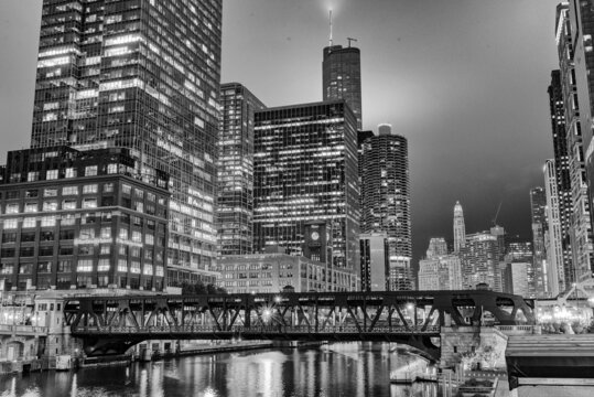 Beautiful view of Chicago by night, black and white picture.